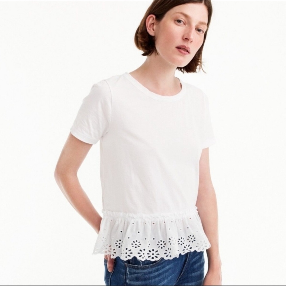 J. Crew White Eyelet Peplum Tee